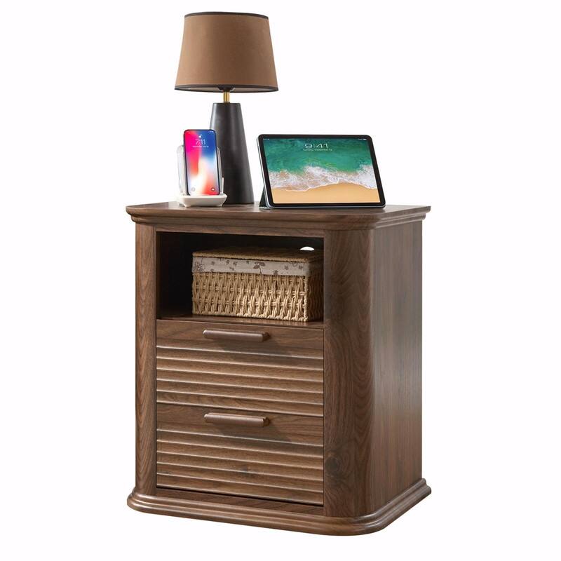 22" Fluted Nightstand with Charging Station - Modern End Table with 2 Drawers and Open Storage