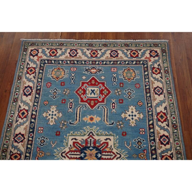 Blue Geometric Kazak Accent Rug Hand-Knotted Wool Carpet - 3'4" x 5'0"