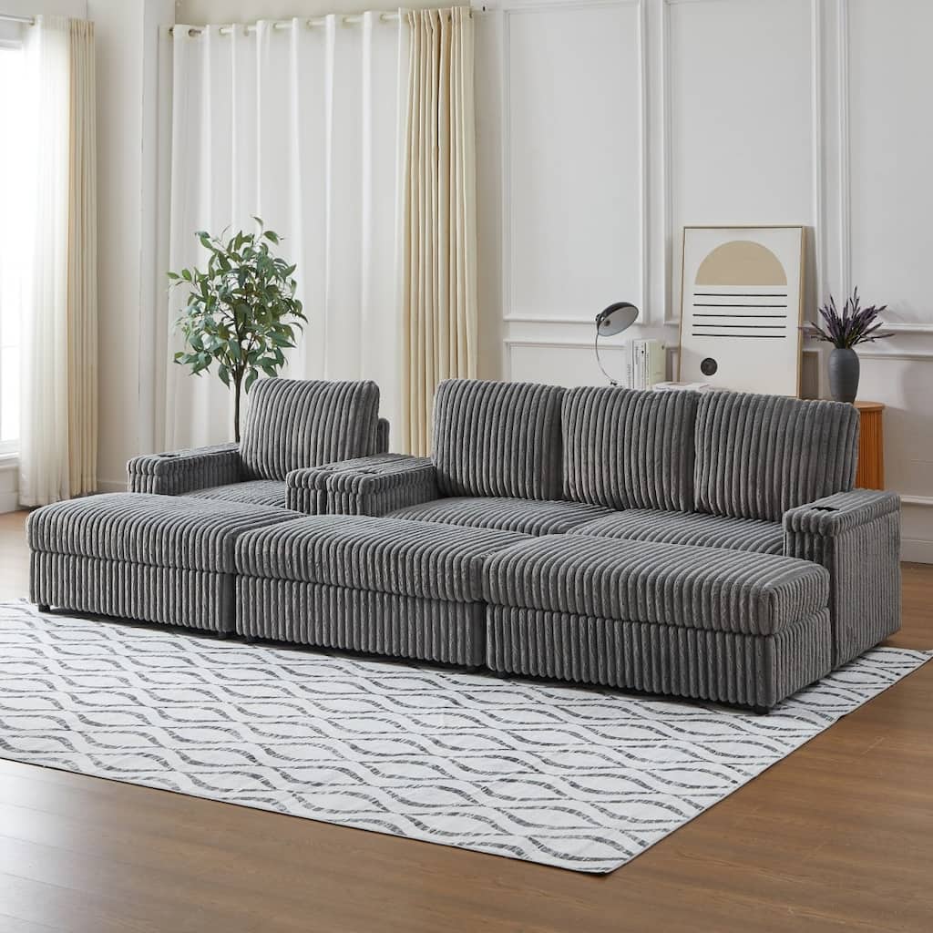 3-seater Modern Sofa with Corduroy Single Sofa, Cup-holding Grooves and 3 Ottomans