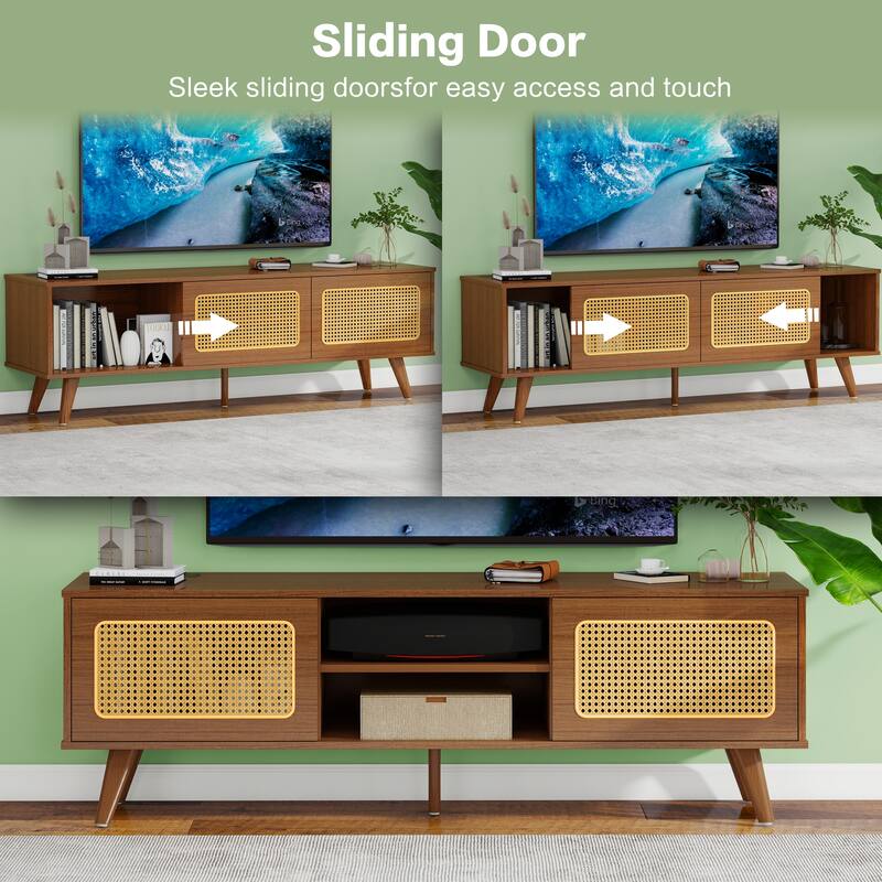 Boho Rattan TV Stand Media Storage Cabinets w/ Socket & USB Ports