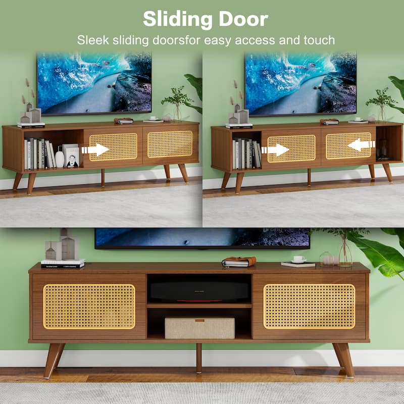 TV Stand with Rattan Cabinet Doors, Entertainment Center with Shelves and 2 Cabinets, Console Table with Solid Wood Feet