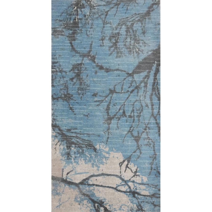 Hand Knotted Oriental Viscose Silk Carpet Modern Abstract Navy Blue & Blues Abstract Runner Rug - 4' 8'' X 2' 4''