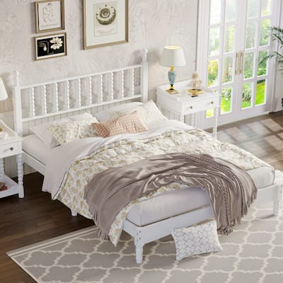 Wooden Slat Support Panel Bed Frame with Gourd-Shaped Headboard, Platform Bed, No Box Spring Required Low Profile Bed