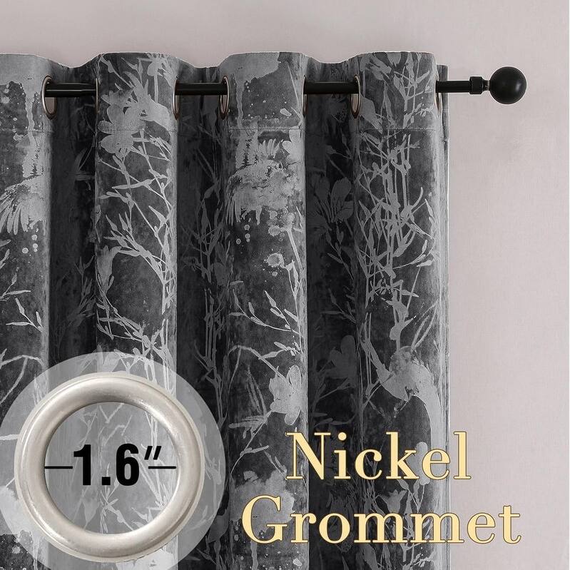 Bedroom Thermal Insulating Birds and Lotus Floral Pattern Curtains 96 Inches