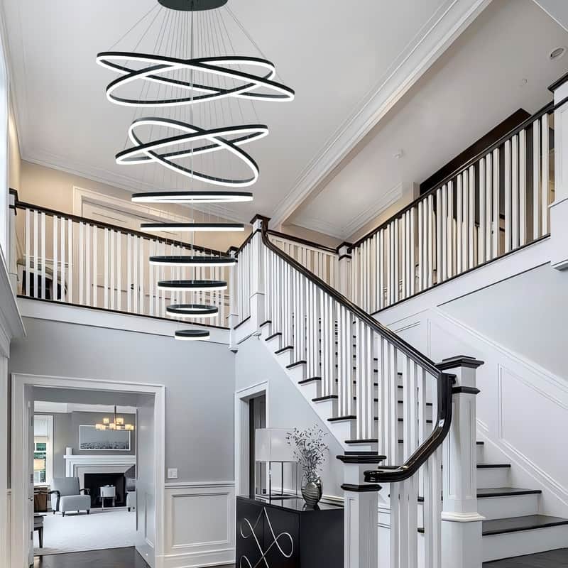 Modern LED Ring Chandelier - Remote Control Dimmable Pendant Lights for High Ceilings, Foyers & Living Rooms