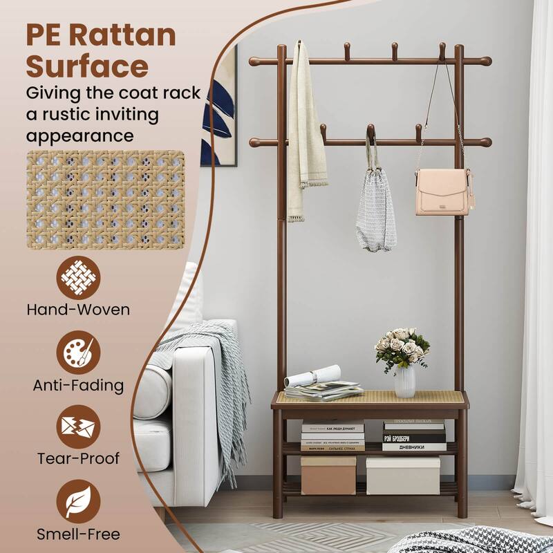 Costway Bamboo Coat Rack with Bench Shoe Storage 2 Hanging Rods 11 - See Details