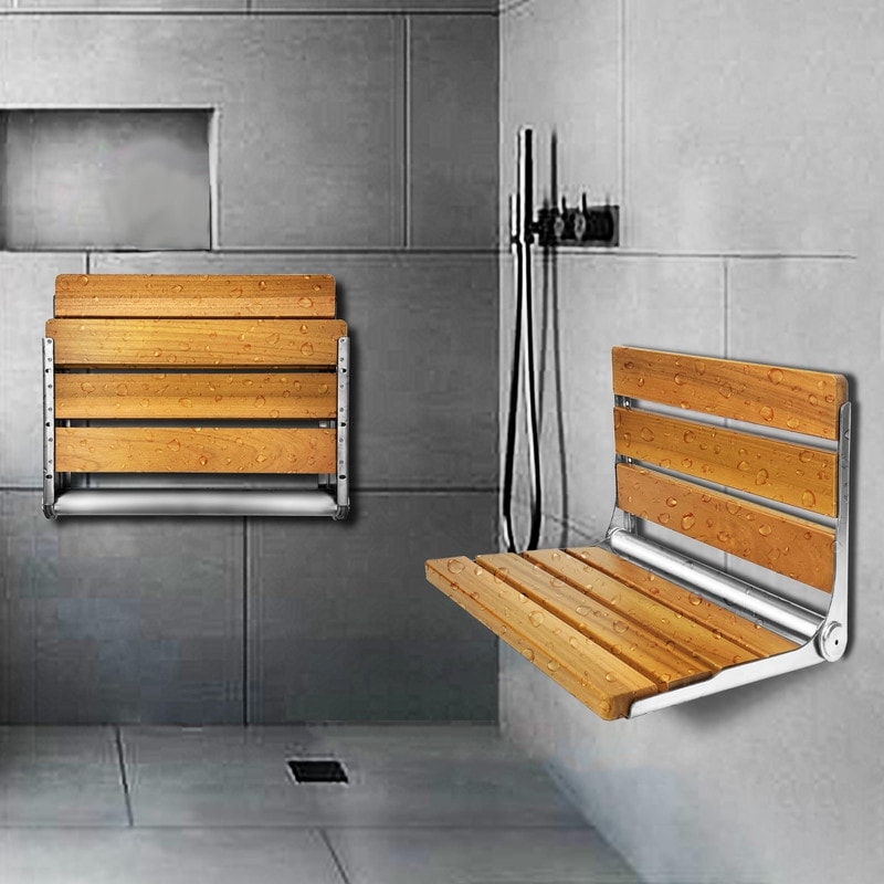 Bohemian 18.7 in. Teak Wall Mounted Folding Shower Seat in Matte Black Bed Bath Beyond 36408204