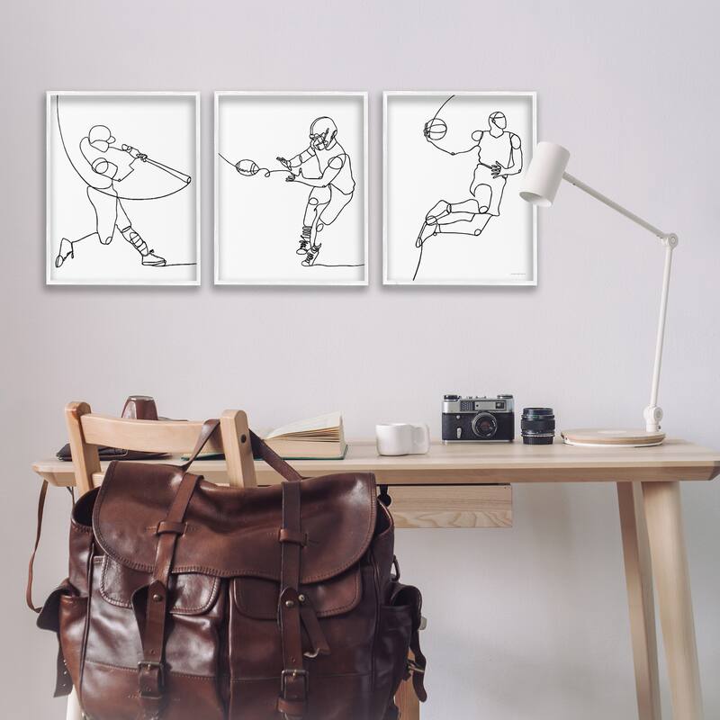 Stupell Simple Line Doodle People Playing Sports Baseball Football Basketball Framed 3 Piece Wall Art - Black