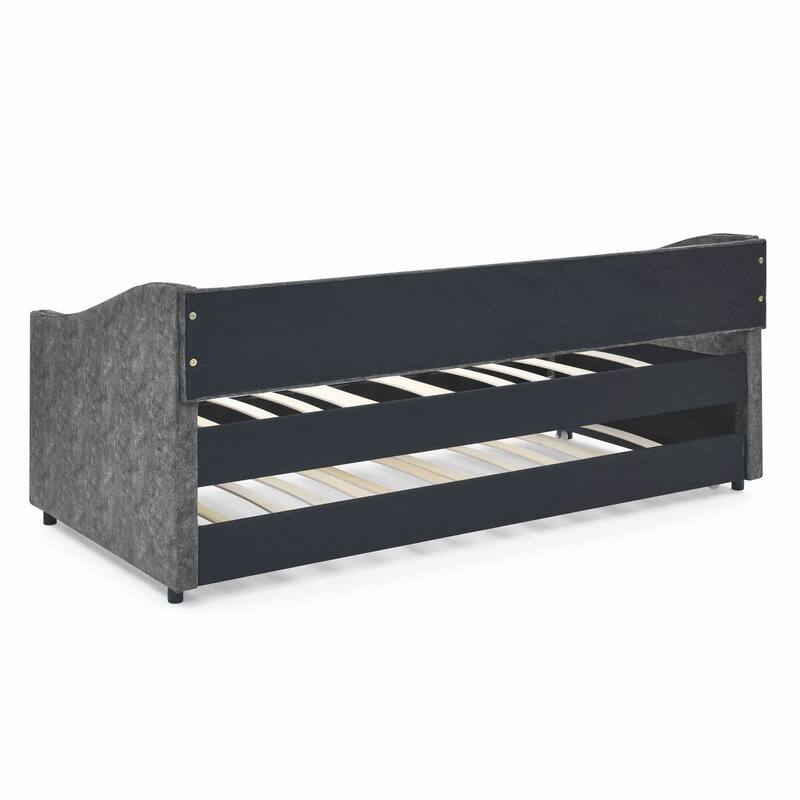 Roomfitters Twin/Full Upholstered Daybed with Twin Trundle, Tufted Backrest and Nailhead Trim, Elegant Waved Arms