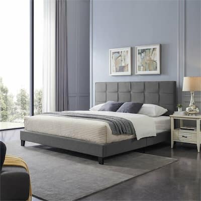Upholstered Platform King Bed in Charcoal Gray and Black