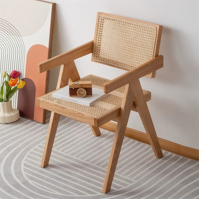 Modern Mid-Century Dining Chair with Rattan Accent and Armrests