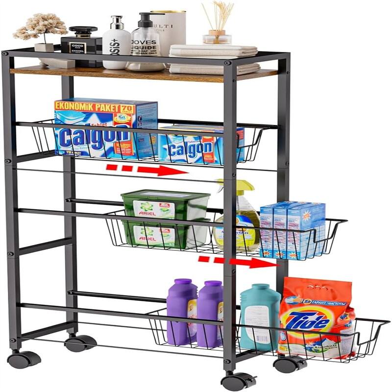 4 Tier Slim Rolling Storage Cart with Pull Out Baskets - 7.68"D x 16.54"W x 35.43"H