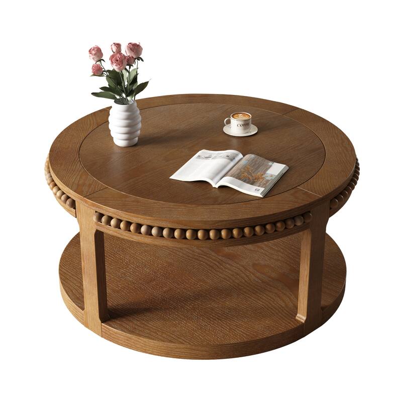 GDF Studio - Hensley 31.5" Wood Round Coffee Table with 2-Tier Storage Shelf