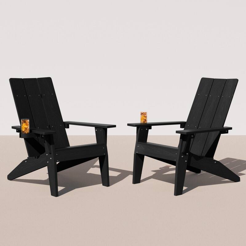 WINSOON All Weather HIPS Outdoor Adirondack Chairs with Cup Holder Set of 2 - Black