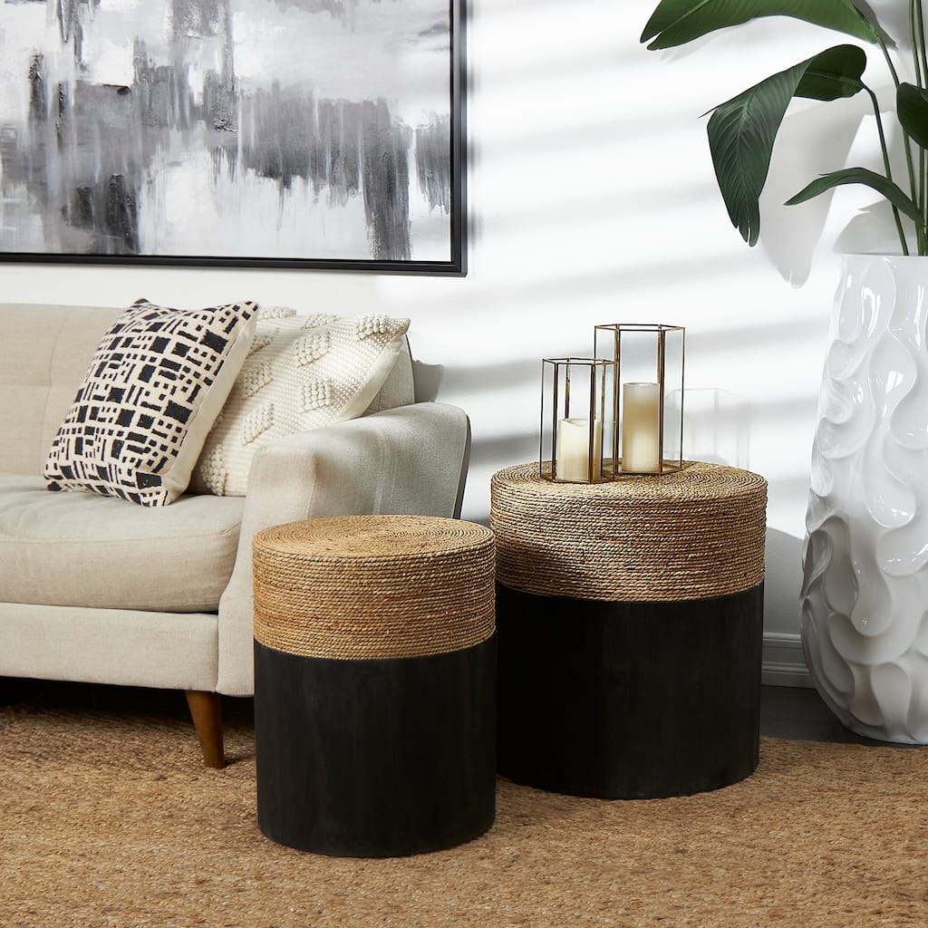 Black Wood Handmade Colorblock Wrapped Accent Table with Dried Plant Tabletops (Set of 2)