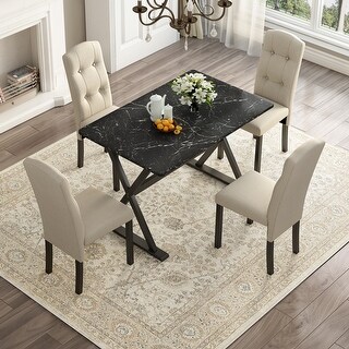 5 Piece Dining Set with Faux Marble Tabletop & Upholstered Chairs - Bed ...