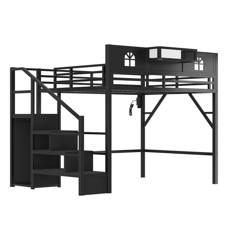Queen Size Loft Bed with Stairs, Queen Loft Bed with High and House Shaped Guardrails, High Loft Bed with Wardrobe for Kids