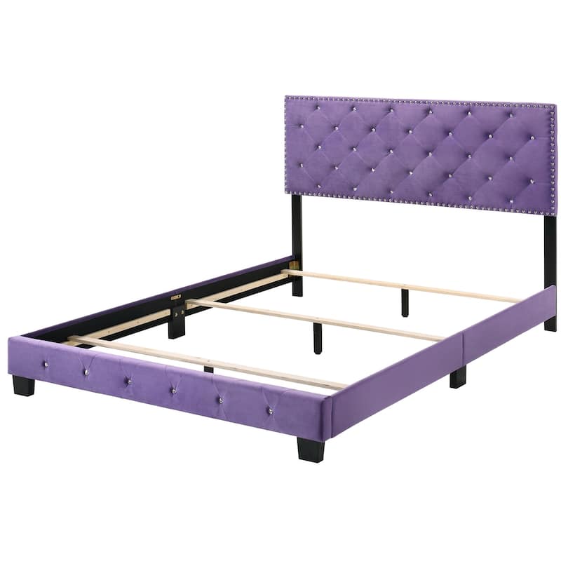 Tufted Faux Jewel Velvet Upholstered Queen Panel Bed - 83" - Purple