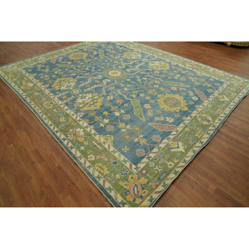 Vegetable Dye Blue Oushak Turkish Area Rug, Floral Geometric Carpet - 11' 9'' X 9' 5''