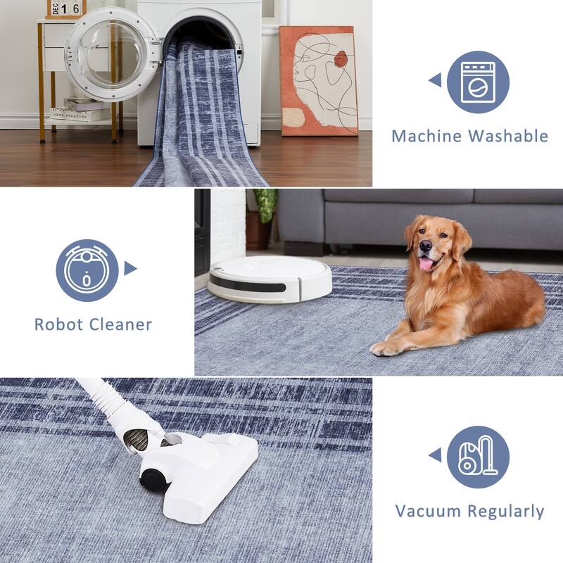 Washable Area Rugs for Living Room, Soft Modern Bordered Rug Non Slip Low Profile Carpets for Bedroom Dining Room