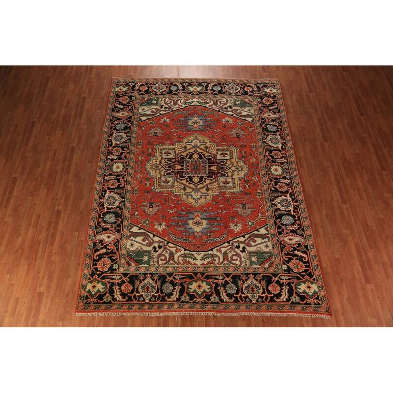 Geometric Heriz Serapi Indian Area Rug Handmade Orange Wool Carpet - 8'9"x 11'10"