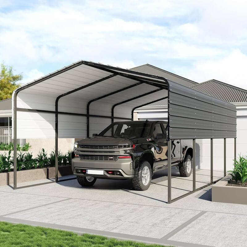 13' x 20' Metal Carport, Permanent Shelter for Cars, Boats, Trucks, and Tractors - 13X20 Ft - Grey