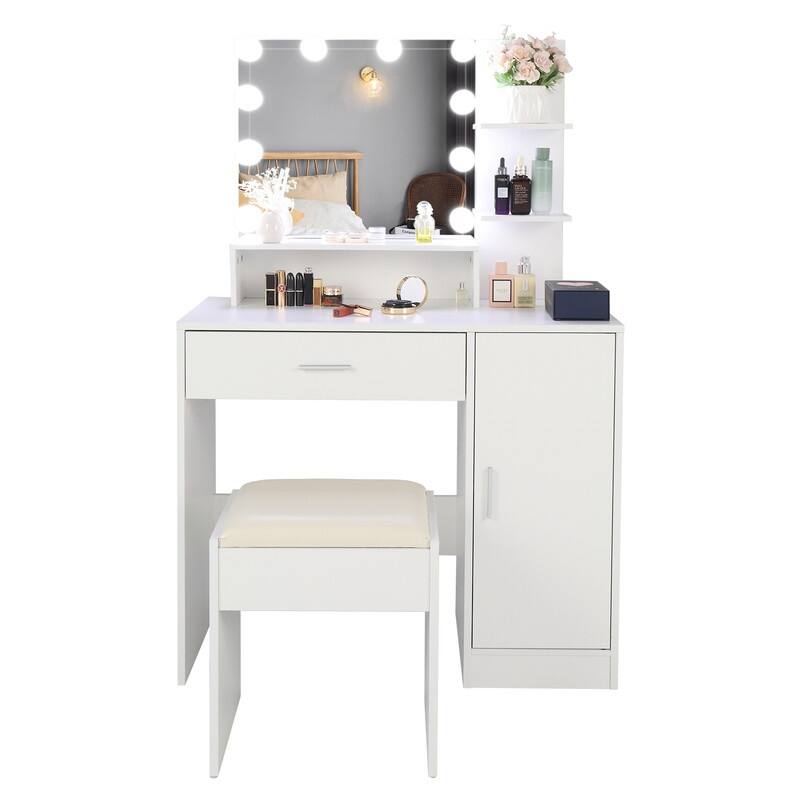 1-Drawer Large Makeup Vanity Set with 10 LED Bulbs - White