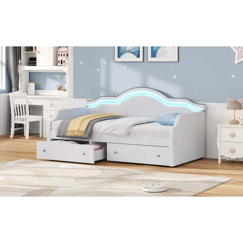 Twin Size Upholstered Daybed with LED and 2 Drawers