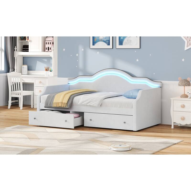 Upholstered Daybed with 2 Drawers, Wave Backrest Frame with Ambient Lighting, No Box Spring Needed Storage Sofa Bed