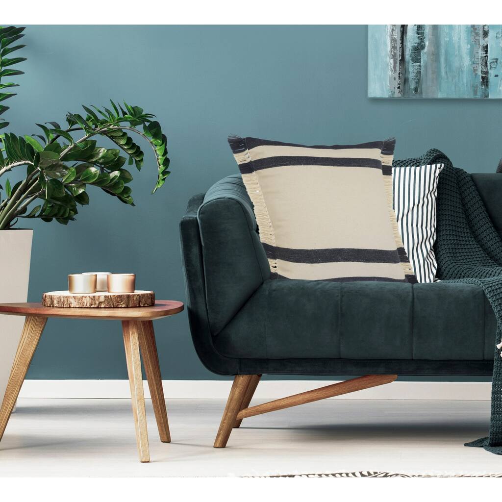 Handwoven Striped Border Square Throw Pillow with Fringes - 20" - Blue and White