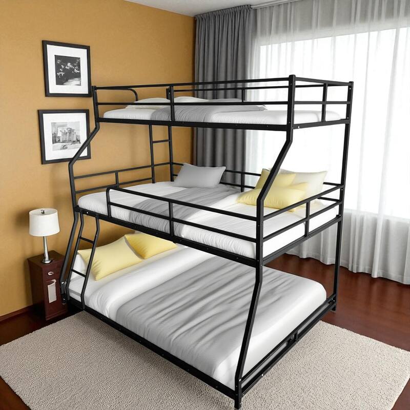 Metal Triple Bunk Bed with Full-Length Guardrails, Long and Short Ladders, Space-Saving Design for Kids and Teens