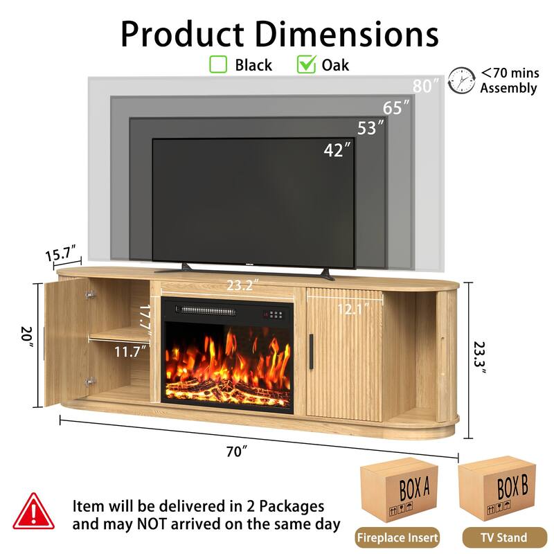 BOSSIN 70" Electric Fireplace TV Stand with Fluted Design, Curved Edges, 7 Flame Colors & 8H Timer, Holds Up to 80" TV, Black