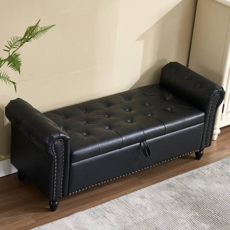 Storage Ottoman 55.12 Inches Upholstered Fabric Storage Ottoman Bench,Button Tufted Ottoman with Storage - Black PU