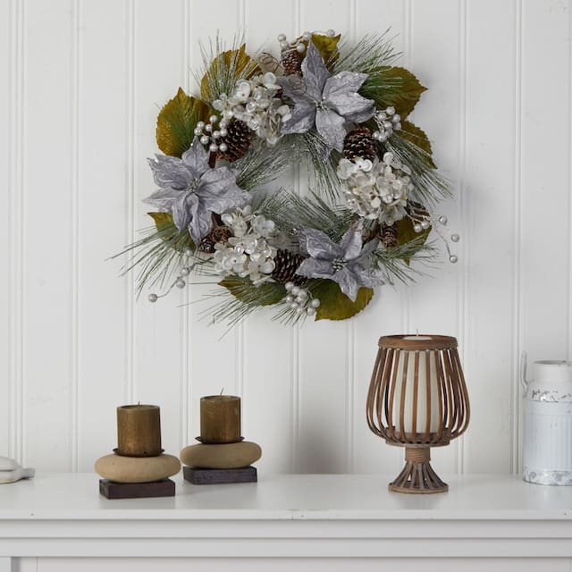 24" Silver Poinsettia, Hydrangea and Pinecones Christmas Wreath - Green - 24
