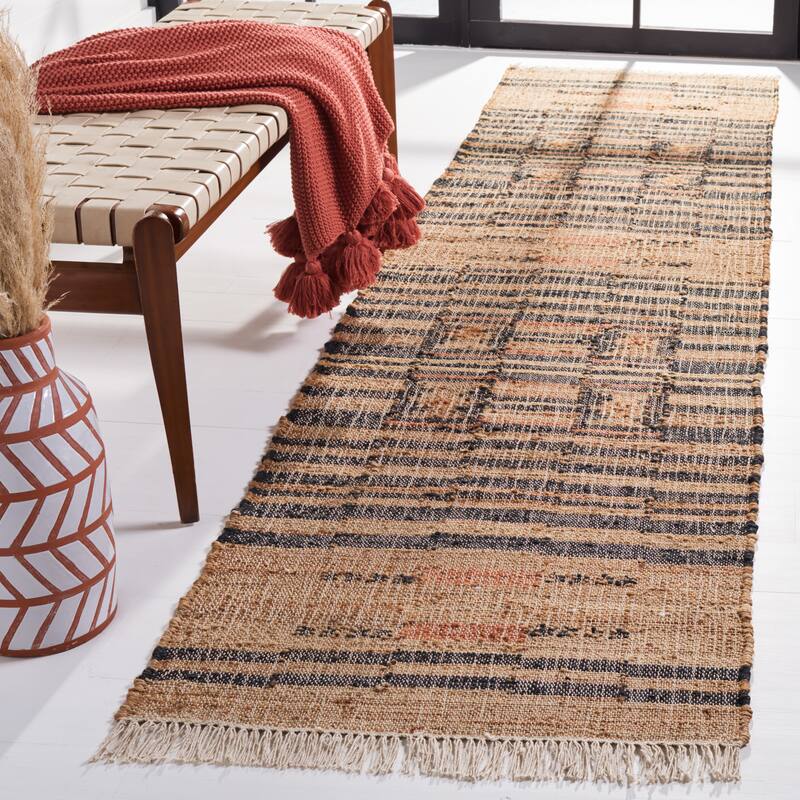SAFAVIEH Kilim Sherron Boho Tribal Jute Fringe Rug - 2'3" x 9' Runner - Natural/Black