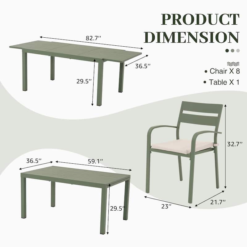 Outdoor 9-piece Aluminum Dining Set Stackable Chairs and Extendable Table