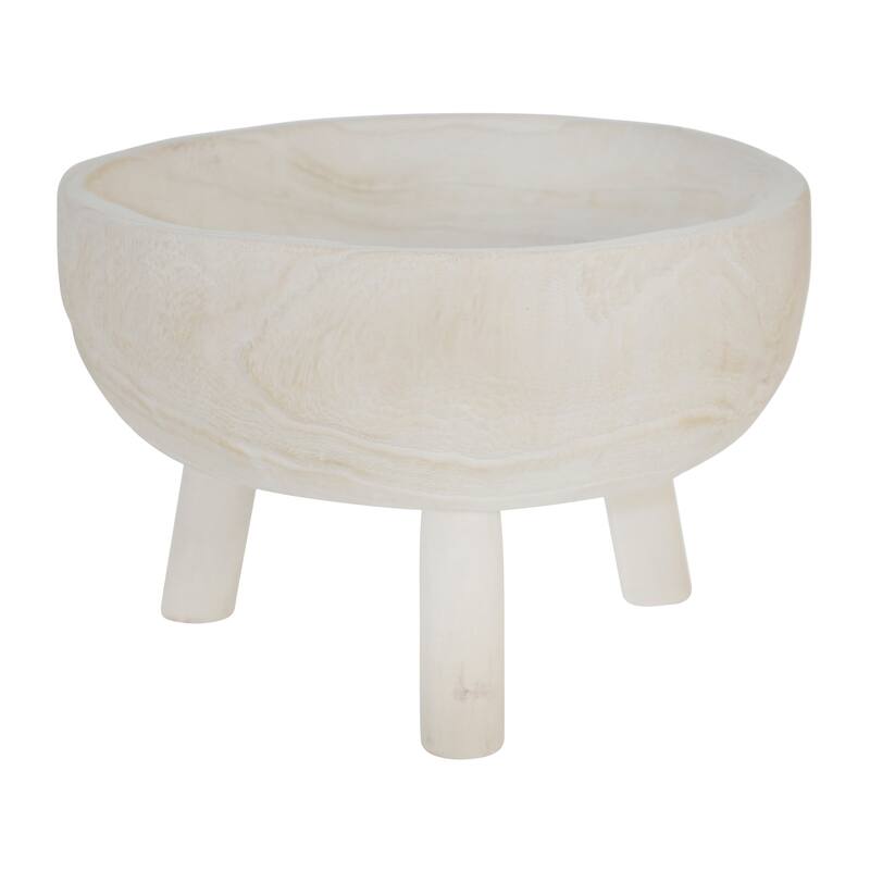 Sagebrook Home Paulownia Wood Decorative Bowl with Tripod Legs - Handcrafted Coastal Accent for Modern and Rustic Decor - White