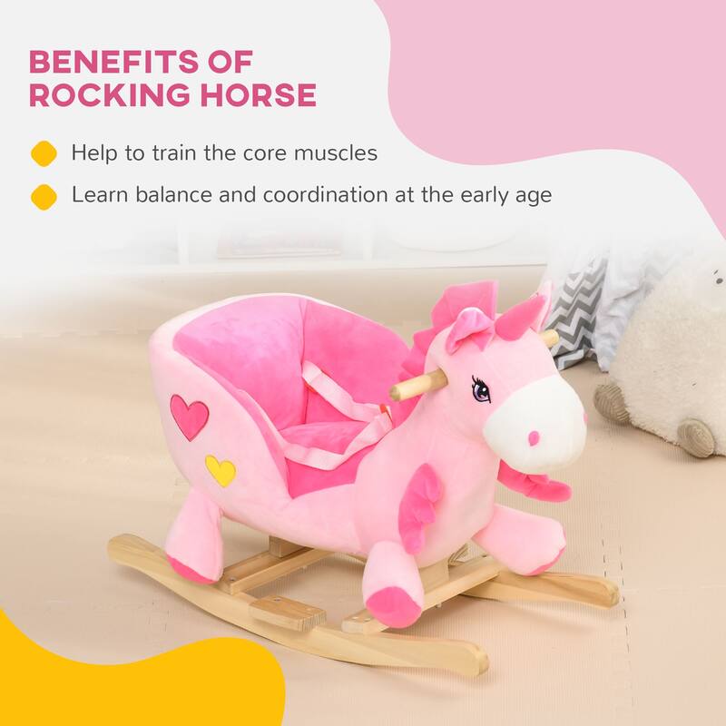 Pink Rocking Horse for Toddlers with Curved Wooden Base and Music Buttons and Safety Features - 25.5" L x 13.75" W x 17.75" H
