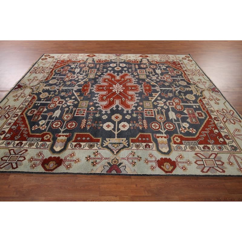 Blue Geometric Heriz Serapi Indian Area Rug Handmade Wool Carpet - 8'0"x 9'9"