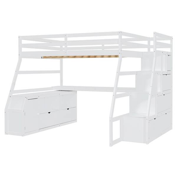 slide 2 of 85, Loft Bed Frame wDesk and Storage Staircase, Wood Loft Bed with 7 Drawers and 2 Shelves, Kid's Loft Bed Study Bed with Staircase White - Full