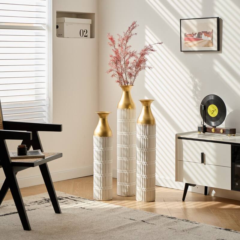 Set of 3 Tall White & Gold Metal Cylinder Vases - Glam Geometric Floor Vases for Modern Home Decor (24", 28.7", 33.4" Heights)