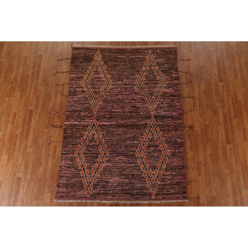 Hand Knotted Oriental 100% Wool Carpet Modern Tribal Pink Moroccan Area Rug - 8' 0'' X 5' 9''