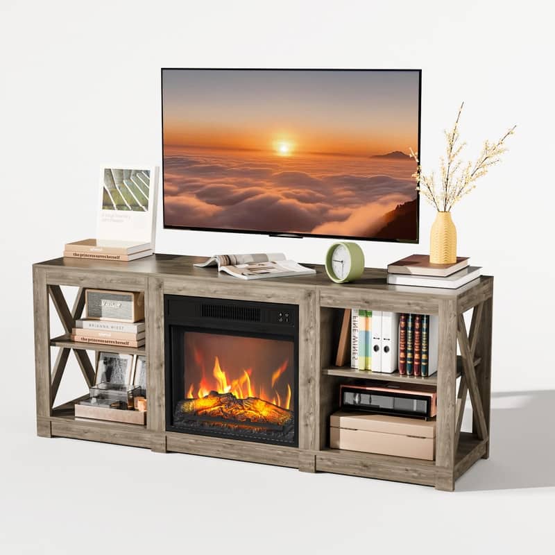TV Stand with Optional Fireplace for TVs up to 70in Farmhouse Entertainment Center with Adjustable Shelves