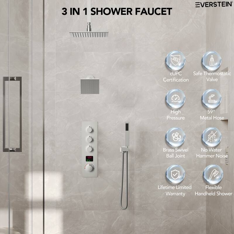 Digital Thermostatic Shower System Faucet Set 12" and 6" Temperature-Sensitive LED Rain Shower Head with Handheld Spray