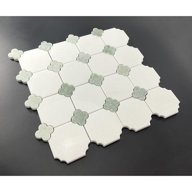 Thassos White With Ming Green Clover Novelty Marble Mosaic Tile - Case (10 Sheets)