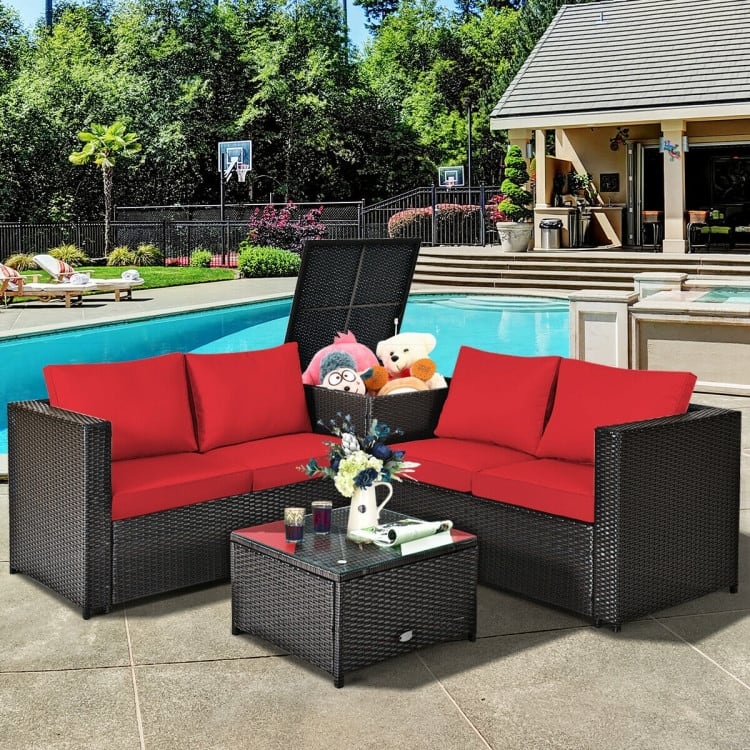 4 Pieces Outdoor Patio Rattan Furniture Set with Cushioned Loveseat and Storage Box - 47.5" x 26" x 26" (L x W x H) - Red