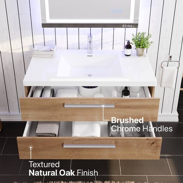 Eviva Nets 39 in. W x 20 in. D Natural Oak and White Wallmount Modern Bathroom Vanity with Solid Surface Integrated Sink Top