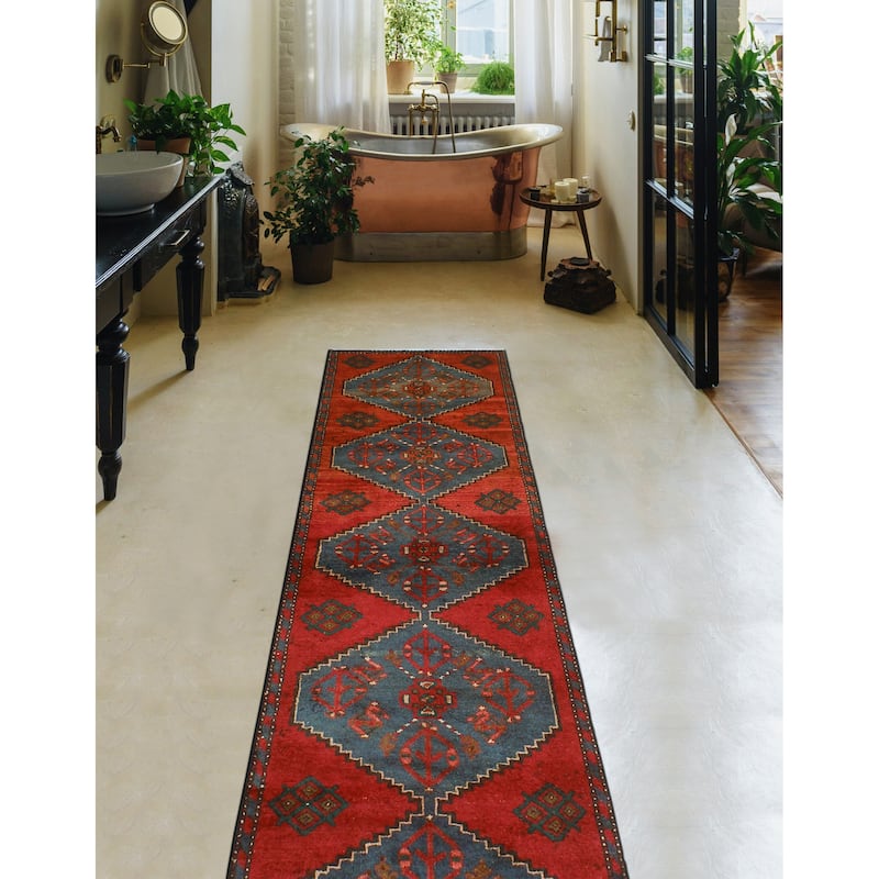 Noori Rug Fine Vintage Distressed Carver Red/Blue Runner - 2'7" x 8'10"
