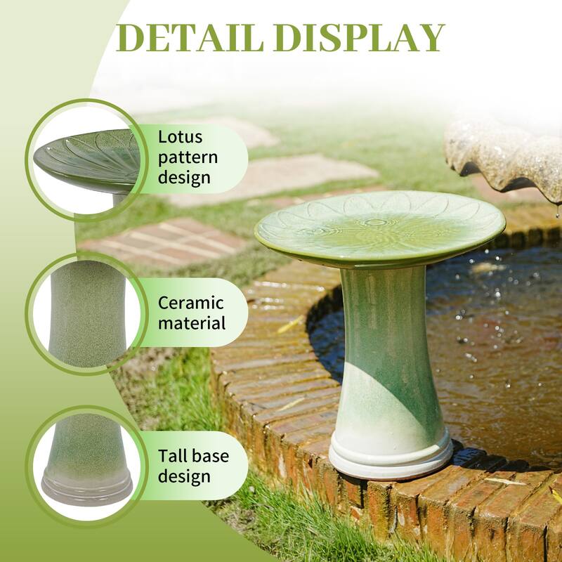Handmade Green Gradient Glaze Ceramic Bird Bath, 16.93 inch Diameter 18.11 inch Height, Lightweight & Weather-Resistant