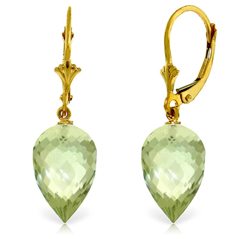 19 Carat 14K Solid Gold Drop Briolette Green Amethyst Earrings - Yellow